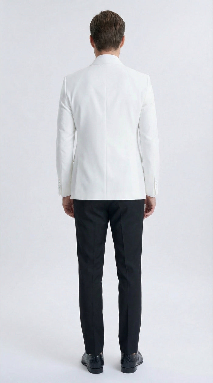 Men’s White Double Breasted Dinner Jacket Blazer with Black Pants – Formal Tuxedo Style Outfit for Weddings