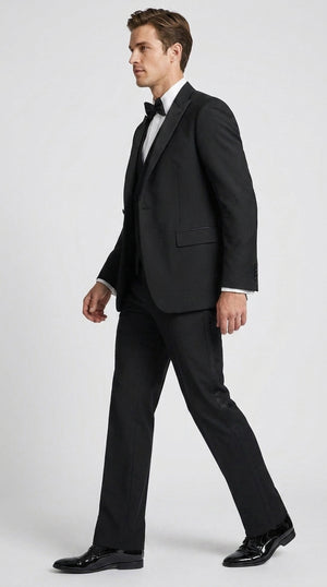 Men’s Black Boot Cut 3-Piece Tuxedo Suit – Peak Lapel Wedding, Prom and Formal Suit 1970s Style