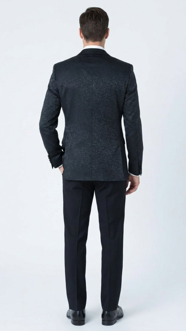 Mens Black Textured Paisley floral Tuxedo Suit  Premium Slim Fit Formal Wedding, Prom, with Bowtie