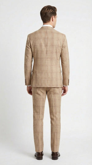 Beige Tan Plaid windowpane Two Piece Suit for Men | Classic Checkered Formal Suit with Jacket and Pants by Rossiman