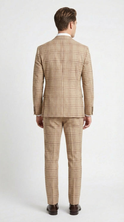 Beige Tan Plaid windowpane Two Piece Suit for Men | Classic Checkered Formal Suit with Jacket and Pants by Rossiman