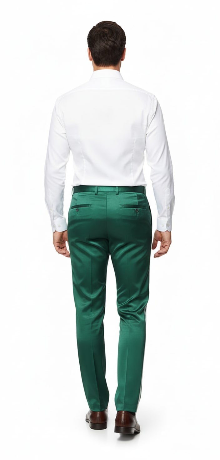 Mens Emerald Green Satin Slim Fit Dress Pants  Shiny Formal Party and Wedding Trousers