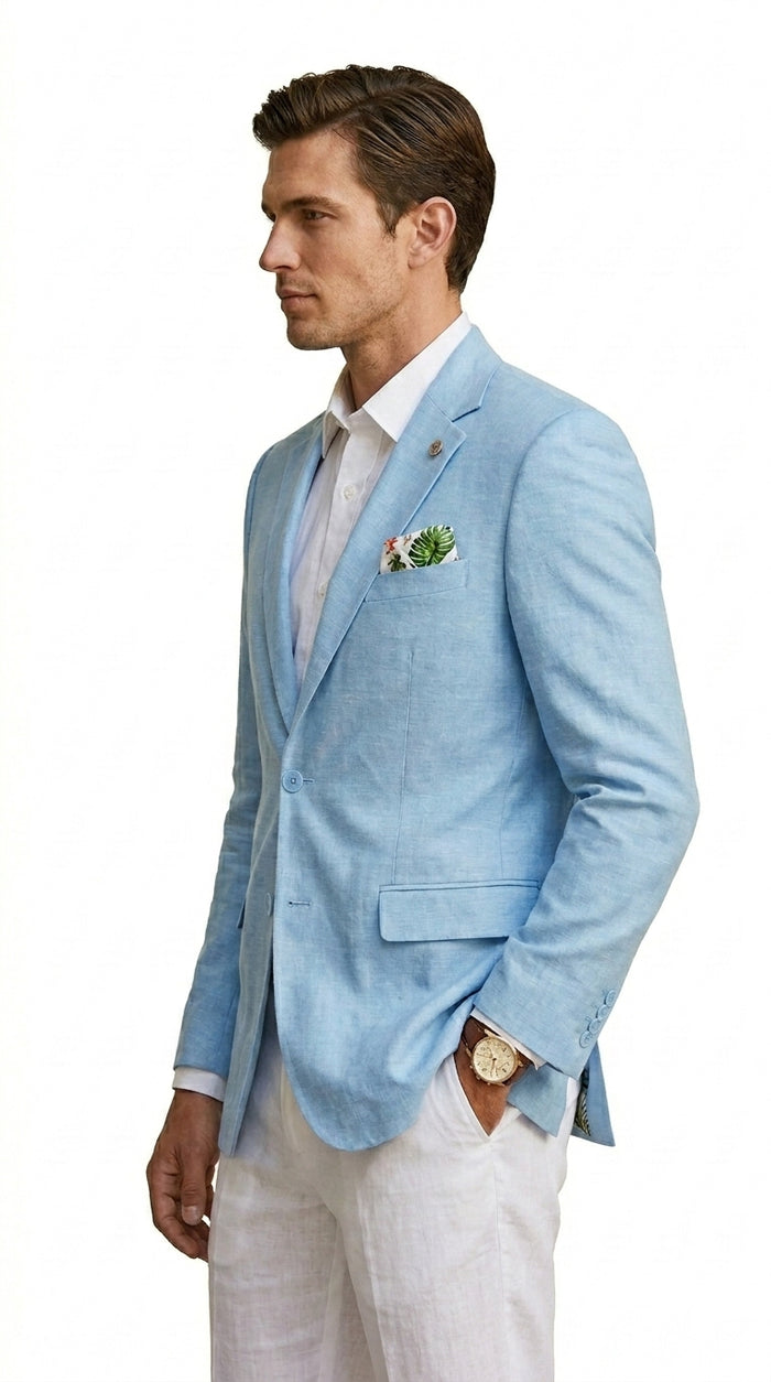 Men’s Sky Blue Linen Style Summer Blazer with Two Button Front, Lightweight Wedding Sport Coat