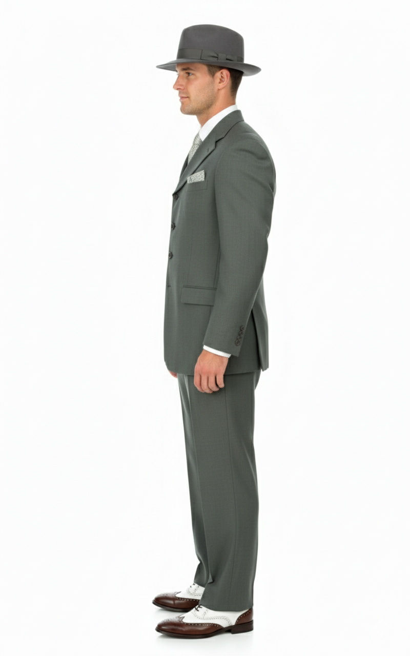 Mens 1920s Gray Zoot Suit   4 Buttons  Gangster Wide Lapel Long Jacket 3-Piece Suit in Grey Color Classic Fit Pleated Pants