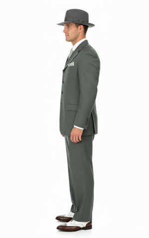 Men’s 1920s Gray Zoot Suit  – 4 Buttons  Gangster Wide Lapel Long Jacket 3-Piece Suit in Grey Color Classic Fit Pleated Pants