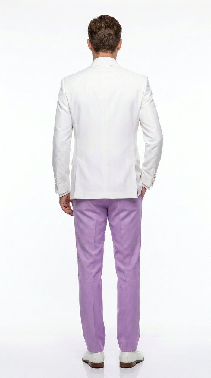 Men’s White and Lavender Tuxedo Wedding Suit with Dinner Jacket, Vest, Pants and Bow Tie