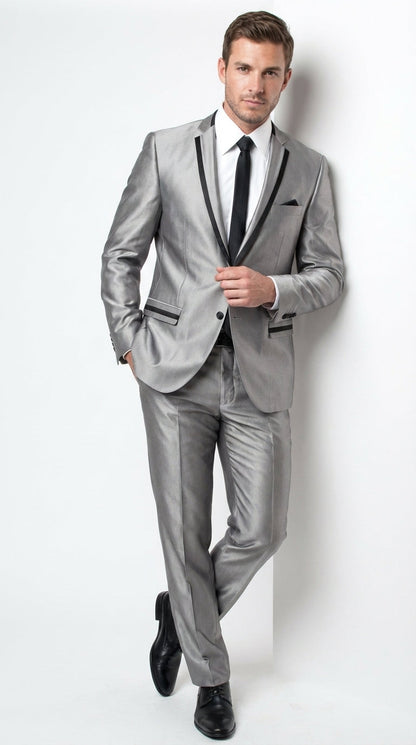 Men’s Silver Sharkskin Tuxedo Suit with Black Piping – Shiny Two Button Formal Suit for Wedding, Prom and Party Wear