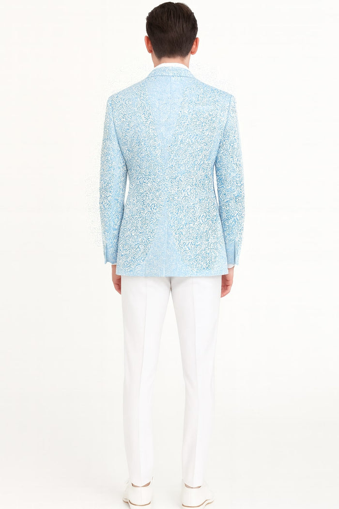 Mens Light Blue Paisley Tuxedo Jacket with Matching Bow Tie  Slim Fit Blazer for Weddings, Prom, and Formal Events