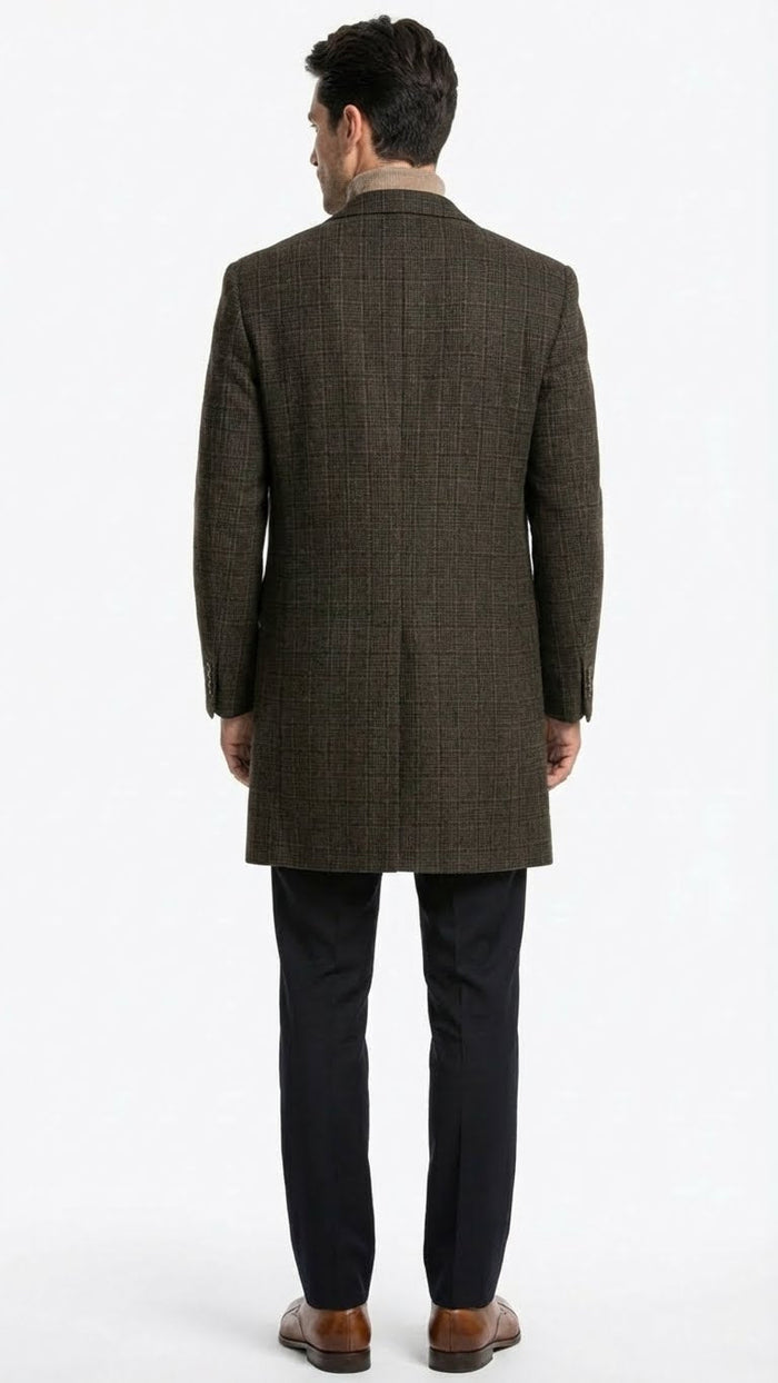 Mens Brown Checkered Wool Overcoat  Long Winter Coat with Classic Plaid Pattern By Statement