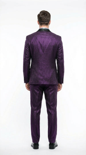 Mens Purple Shimmer Mardi Gras Suit with Black Satin Lapel – Shiny Metallic Formal Party and Carnival Suit Sequin Look
