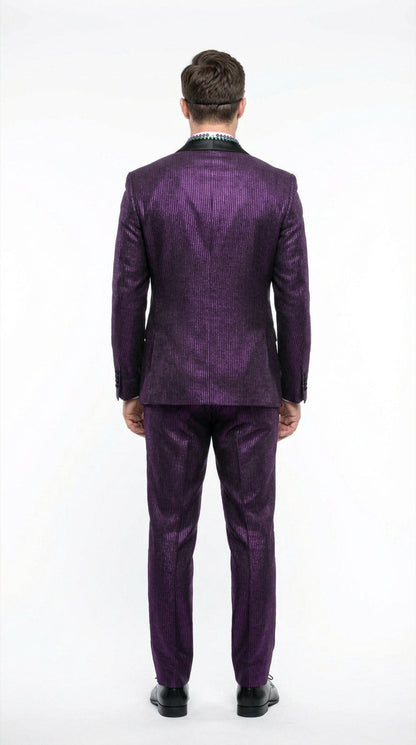 Mens Purple Shimmer Mardi Gras Suit with Black Satin Lapel – Shiny Metallic Formal Party and Carnival Suit Sequin Look