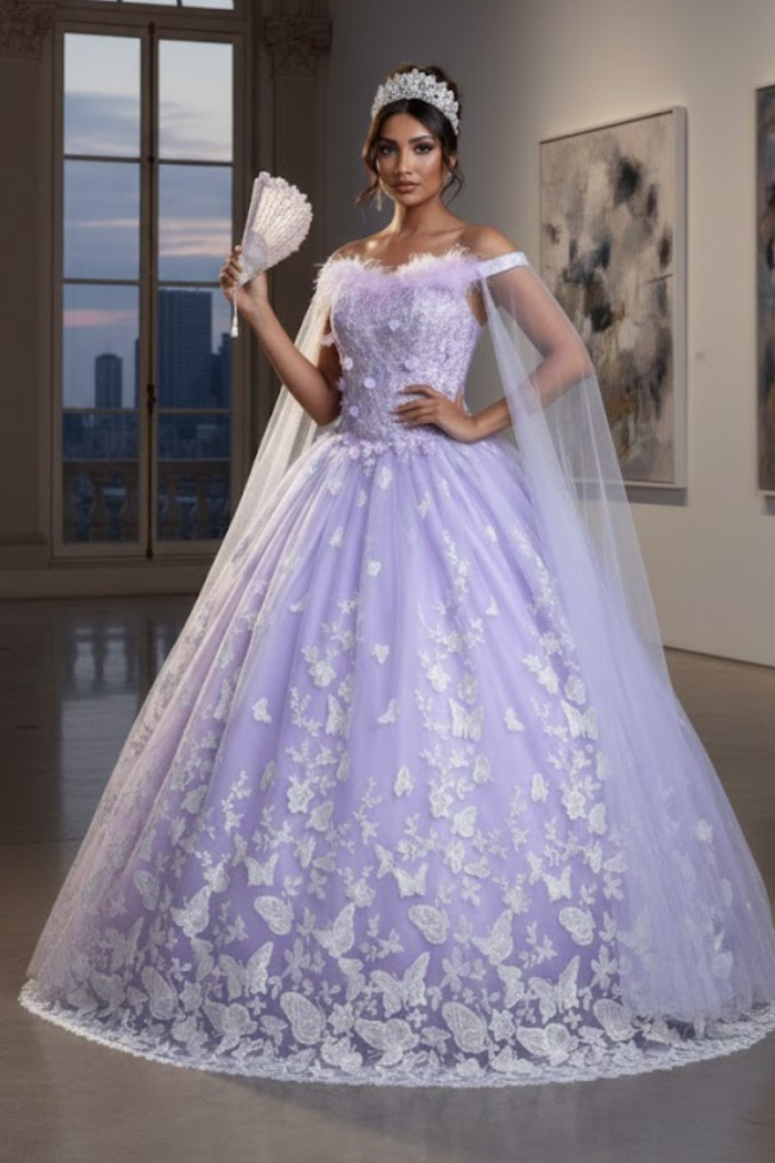 Glitter Butterfly Applique Cape Sleeves Quinceanera Gown