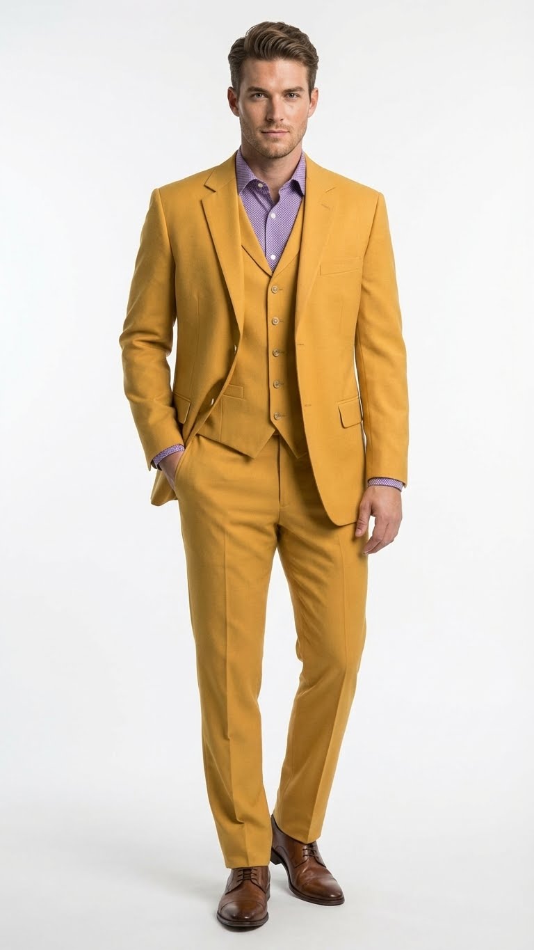 Mens Mustard Yellow Three Piece Suit | 2 Button Notch Lapel Modern Fit in Gold Color - Church Suit