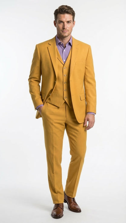 Mens Mustard Yellow Three Piece Suit | 2 Button Notch Lapel Modern Fit in Gold Color - Church Suit
