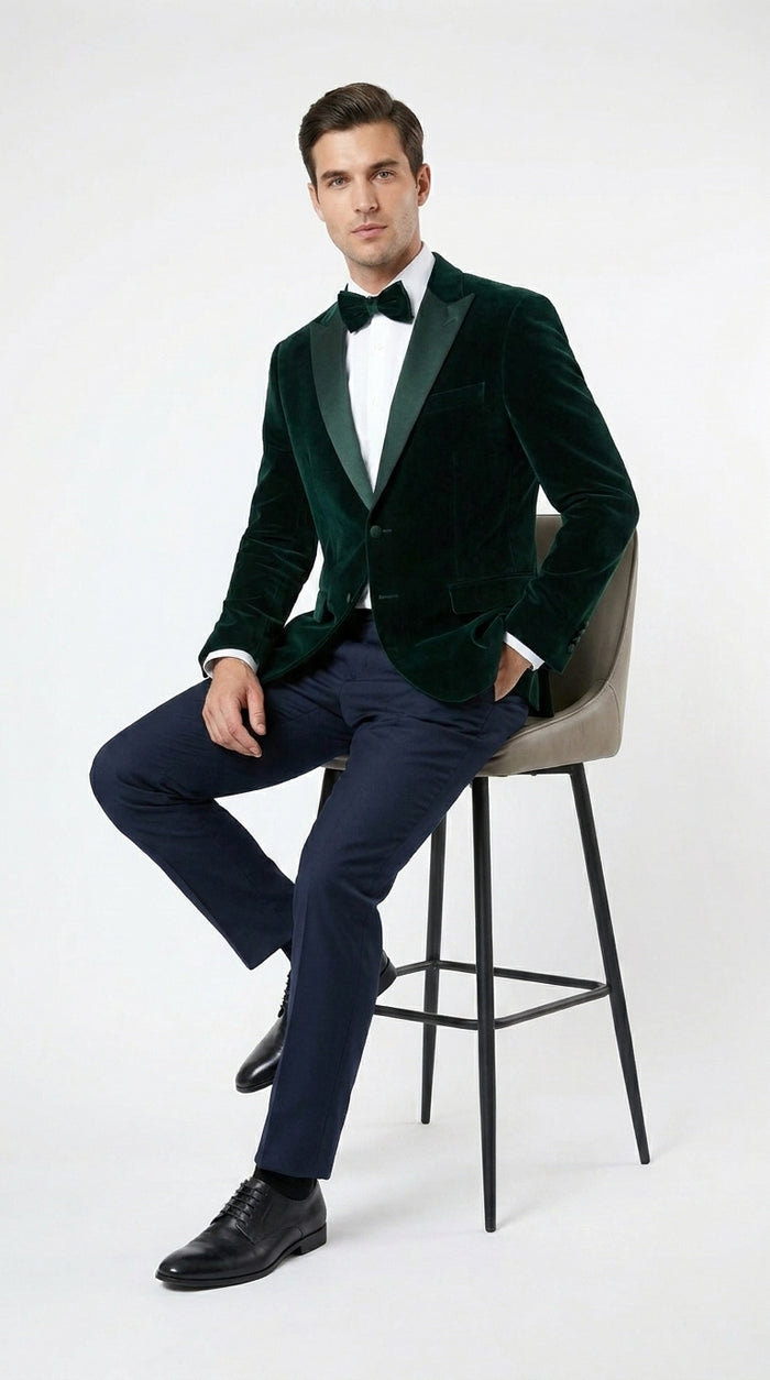 Men’s Hunter Green Velvet Tuxedo Jacket with Peak Lapel, Formal Wedding Prom Dinner Blazer