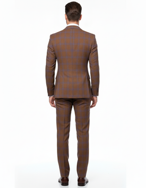 Men’s Brown Plaid Double-Breasted Suit – Premium 2-Piece Classic Checkered Windowpane Suit by Rossiman