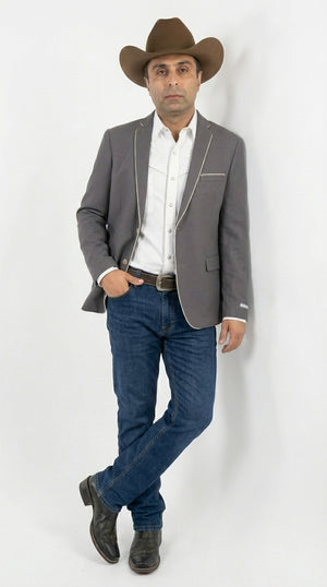Mens Grey and White Trim Western Blazer – Classic Fit Cowboy Style Contrast Trim Dress Jacket