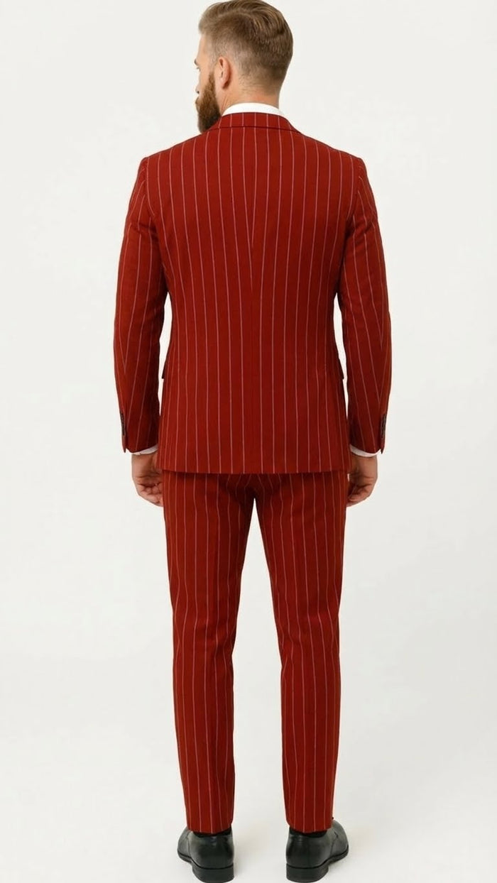 Men's Red Pinstripe Suit - Stripe Two-Button Vested Suit 2 Buttons