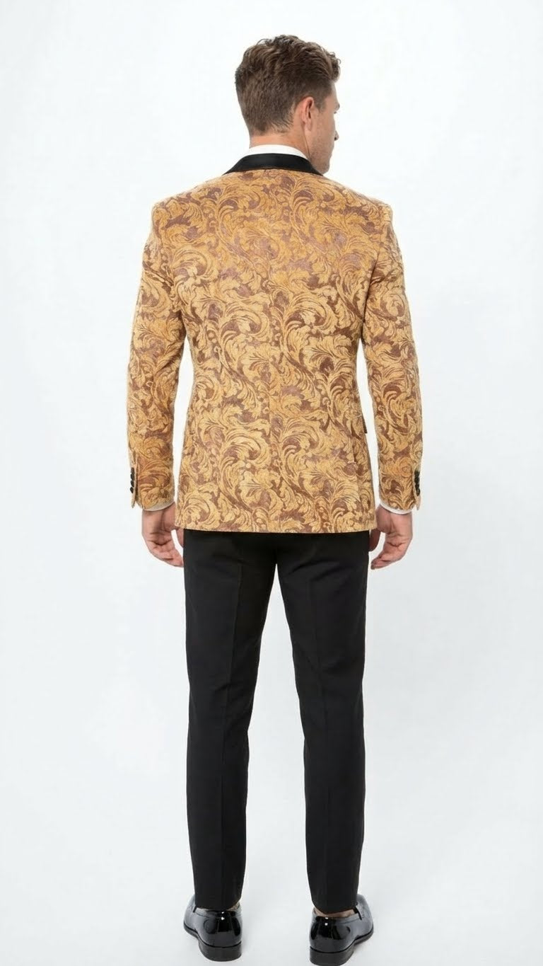 Mens Yellow Gold Baroque Pattern Tuxedo Blazer Suit  Party and Wedding Jacket Prom Paisley Black Pants