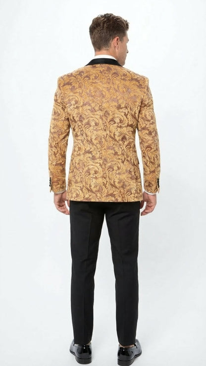 Mens Yellow Gold Baroque Pattern Tuxedo Blazer Suit  Party and Wedding Jacket Prom Paisley Black Pants