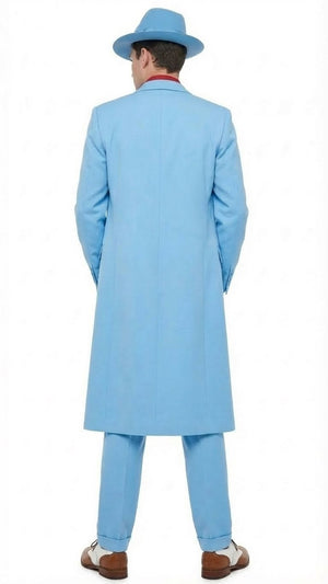 Mens Light Blue 1920s Zoot Suit  Long Mafia Gangster Three-Piece Vintage Costume Set in Baby Powder Blue Color - Prom Wedding Suit