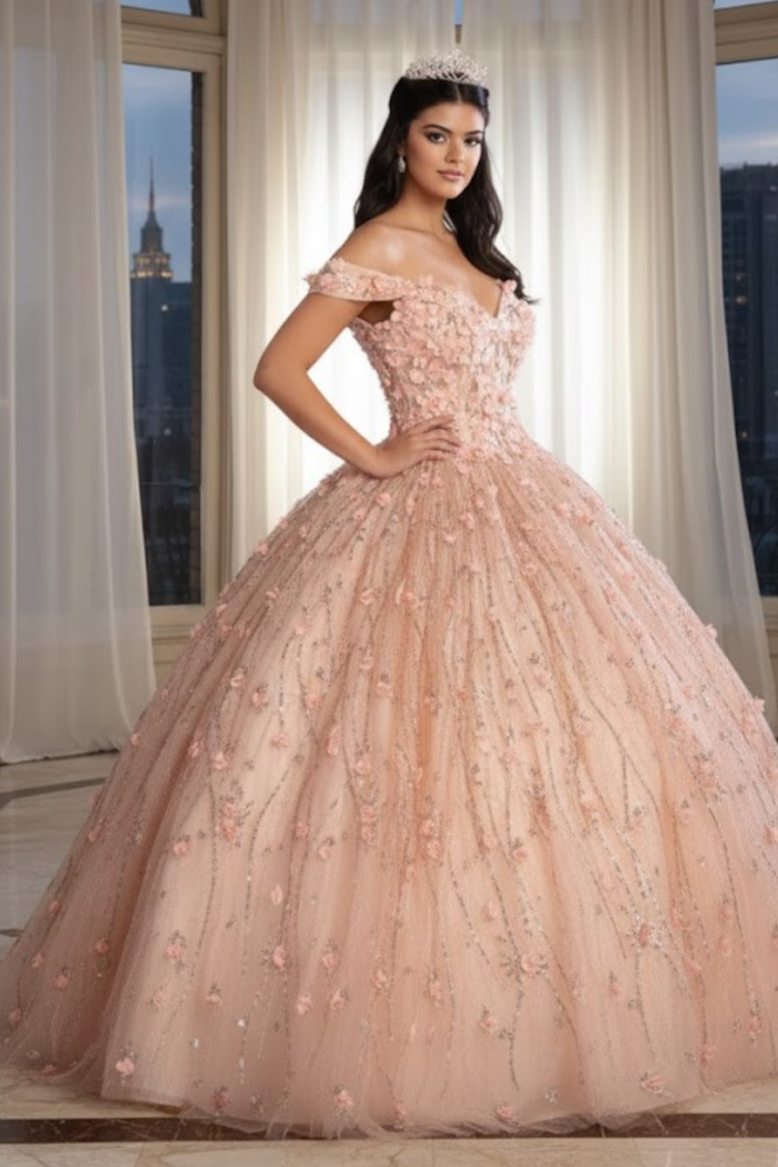 3D Floral Applique Glitter Quince Ball Gown & Plus Size