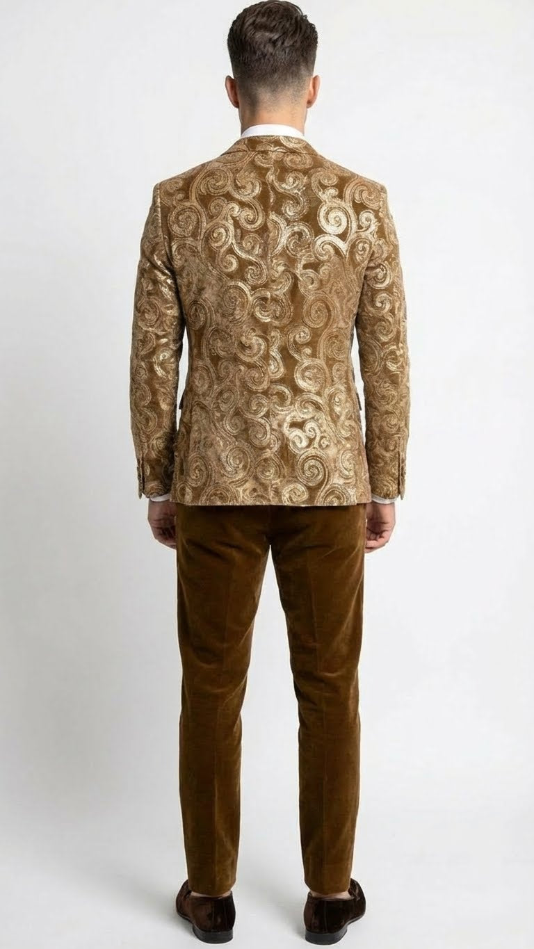 Mens Goldish Light brown Tuxedo dinner Jacket Embroidered Blazer  Velvet Jacket for Formal Paisley Pattern Coffee Mocca Color