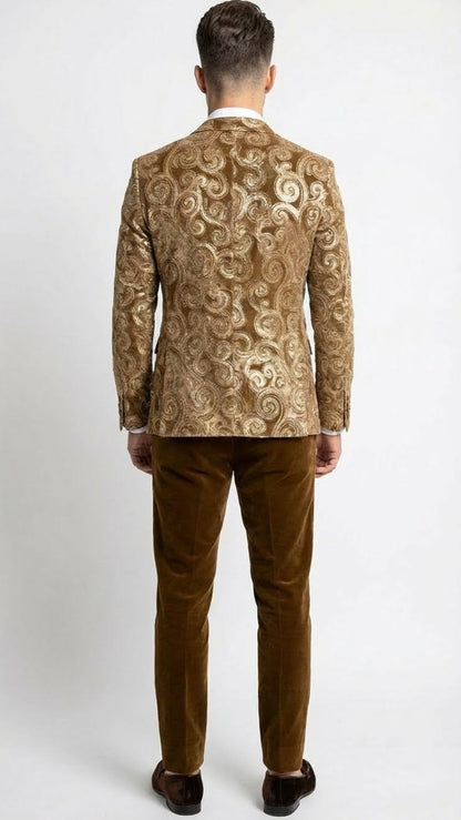Mens Goldish Light brown Tuxedo dinner Jacket Embroidered Blazer  Velvet Jacket for Formal Paisley Pattern Coffee Mocca Color