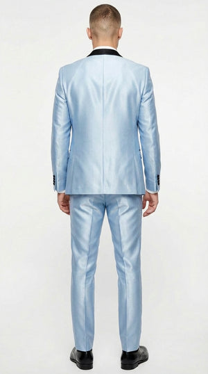 Men’s Light Blue Shiny 3 Piece Suit with Black Shawl Lapel | Formal Wedding Prom Suit - Sateen Sharskin Suit