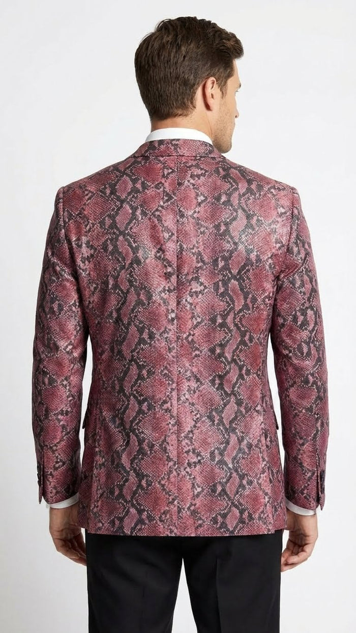 Mens Burgundy and Black Snakeskin Print Blazer  Alligator Crocodile Sport Jacket Exotic Skin