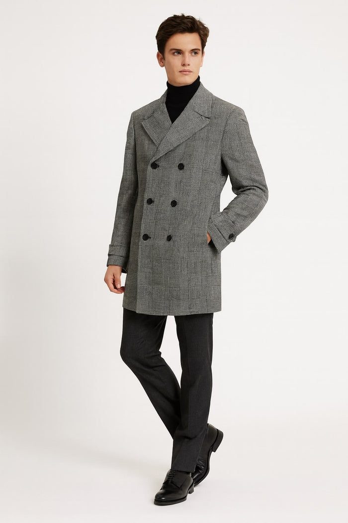 Mens Grey Plaid Double-Breasted Overcoat with Black Faux Fur Collar  Classic Winter Peacoat