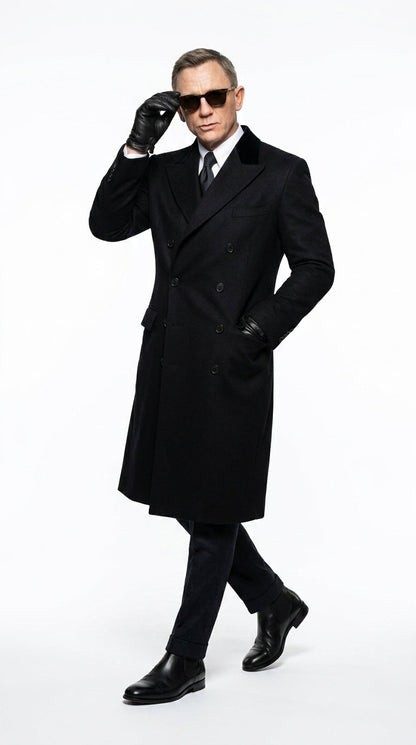 Men’s Black Double Breasted Overcoat, James Bond Inspired Long Formal Coat for Weddings, Business Events, Parties, and Winter Occasions