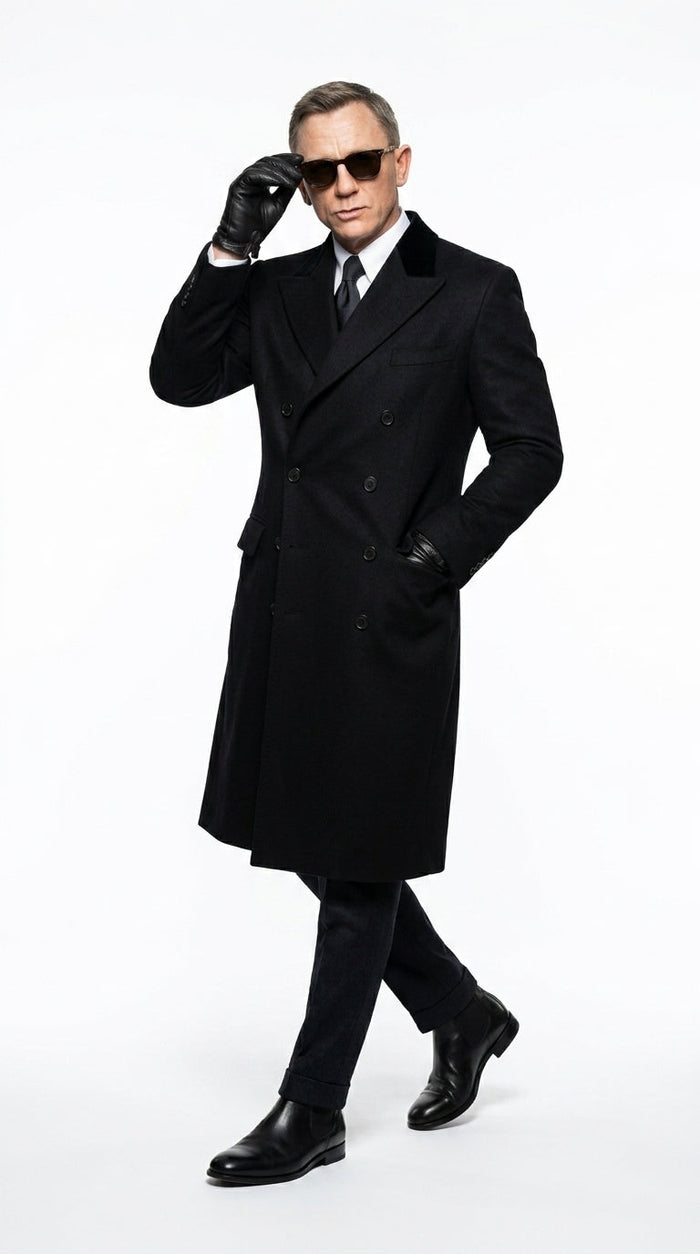 Men’s Black Double Breasted Overcoat, James Bond Inspired Long Formal Coat for Weddings, Business Events, Parties, and Winter Occasions