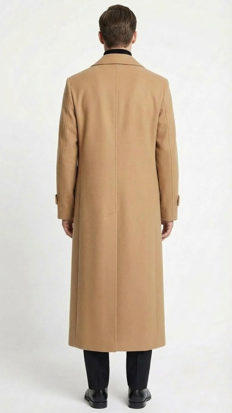 Mens Full-Length Camel Overcoat  Classic Long Microfiber-Blend Coat for Winter and Formal Wear Maxi Duster Coat