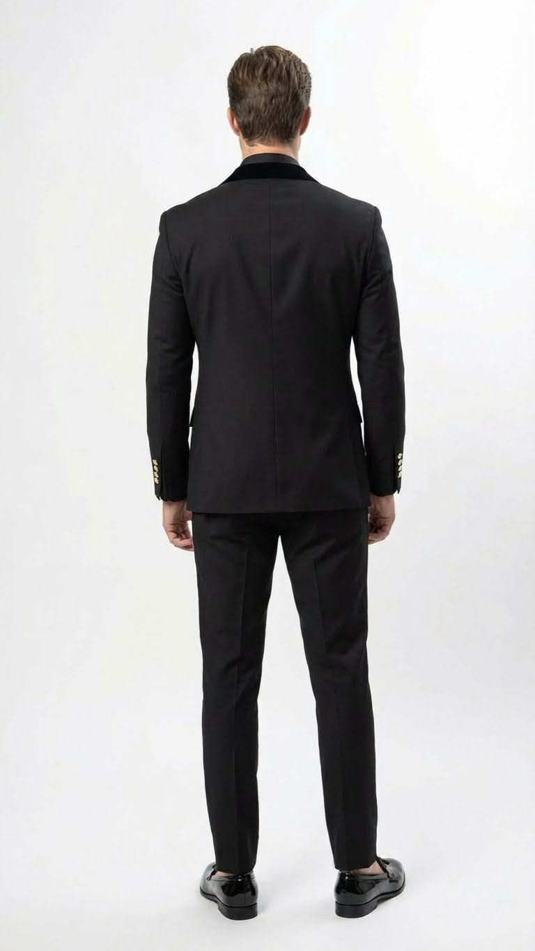 Men's Black Double Breasted Tuxedo Suit - Luxury Formal Dinner Jacket Gold Buttons Velvet Lapel