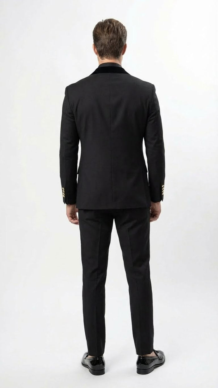 Men's Black Double Breasted Tuxedo Suit - Luxury Formal Dinner Jacket Gold Buttons Velvet Lapel