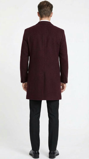 Mens Burgundy Mid-Length Overcoat  Classic Fit Wool Blend Dress Coat Three Quarter Carcoat Topcoat