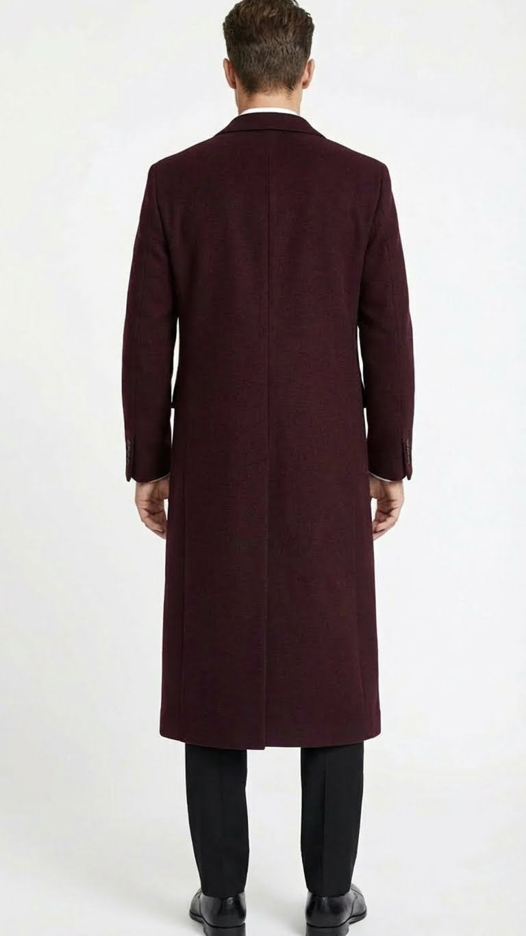Mens Burgundy Long Coat  Classic Fit Wool Blend Overcoat - Topcoat Full length