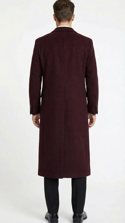 Mens Burgundy Long Coat  Classic Fit Wool Blend Overcoat - Topcoat Full length