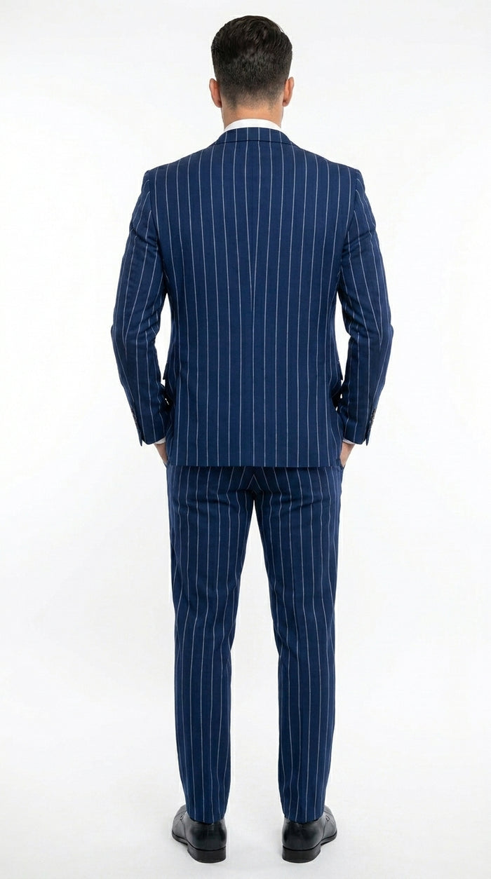 Men’s Navy Blue 1920s Gangster Stripe Vested Suit with White Pinstripes, 2 Button Dress Suit