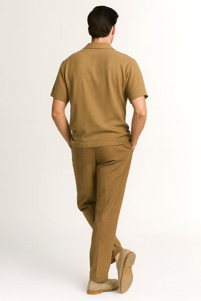 Mens Mocha Brown Short Sleeve Knit Walking Suit  Two-Piece Casual Button Down Set in Taupe Coffee Color