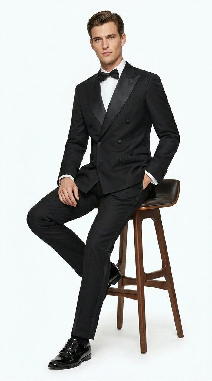 Men’s Black Double Breasted Tuxedo Jacket with Satin Peak Lapel, Formal Wedding Dinner Blazer