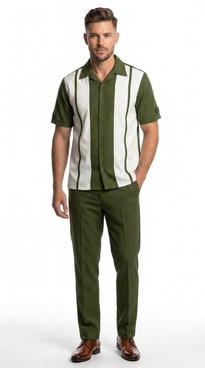 Men’s Olive Green and White Walking Suit – 2-Piece Short Sleeve Casual Leisure Outfit