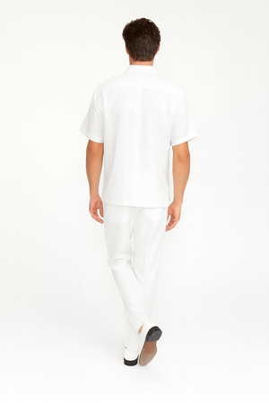 Mens White Embroidered Guayabera Two-Piece Set  Short Sleeve Shirt and Pants