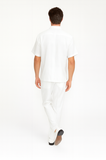 Mens White Embroidered Guayabera Two-Piece Set  Short Sleeve Shirt and Pants