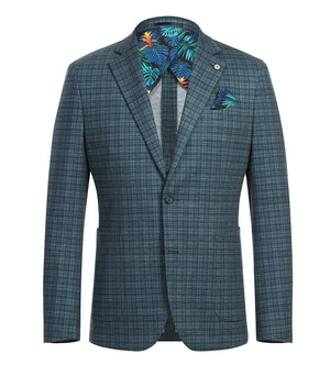 Half Canvas Slim Fit Blazer in Green Blue Check