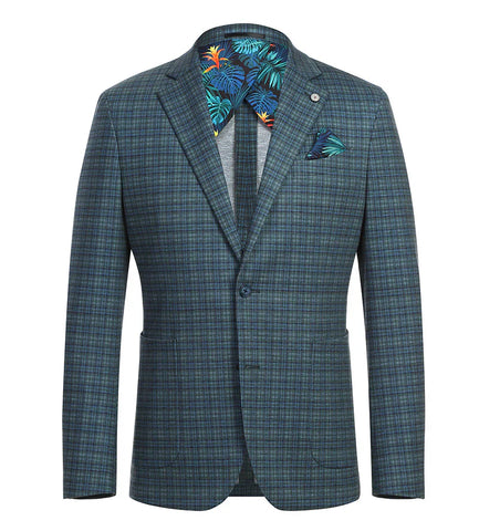 Half Canvas Slim Fit Blazer in Green Blue Check