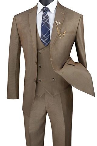 Men's Modern Fit Tuxedo Suit with Double Breasted Vest and Satin Trim in Khaki