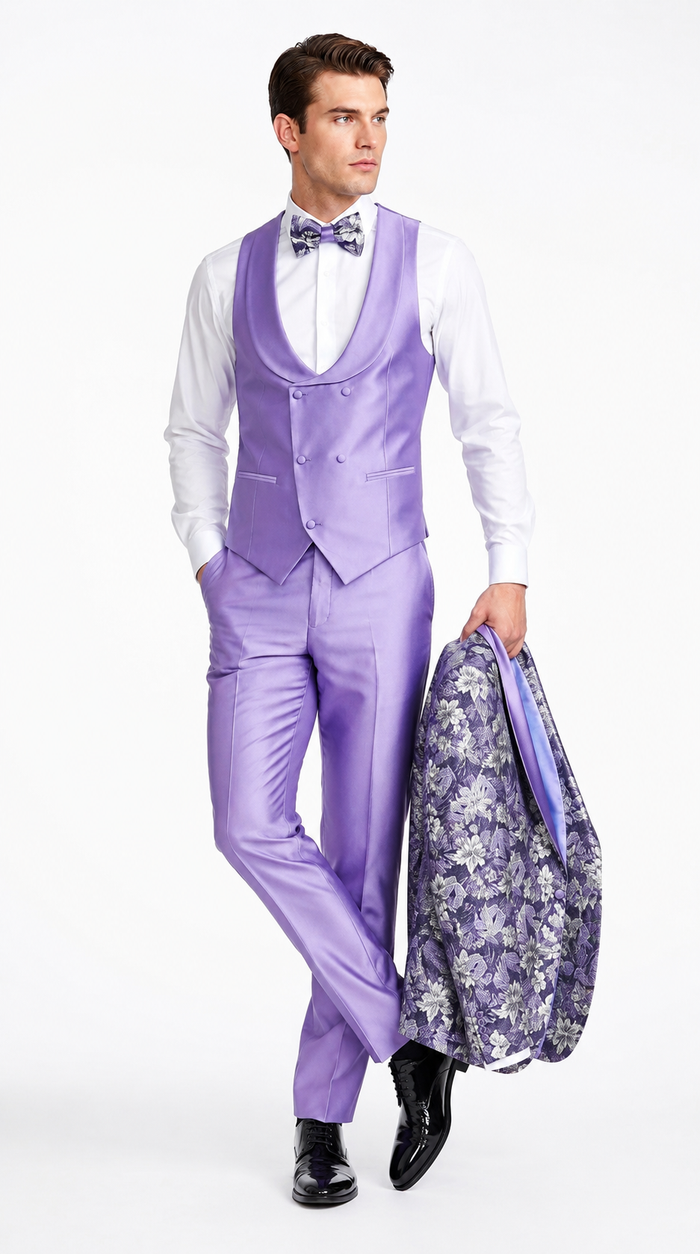 Men’s Lilac Lavender Prom Suit – Floral Shawl Lapel 3 Piece Tuxedo with Matching Vest and Pants