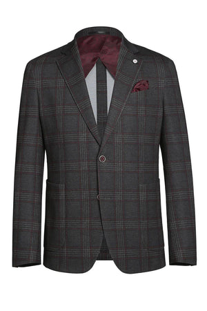 Mens Slim Fit Patch Pocket Vintage Style Sports Coat Blazers in Charcoal Grey Windowpane Plaid